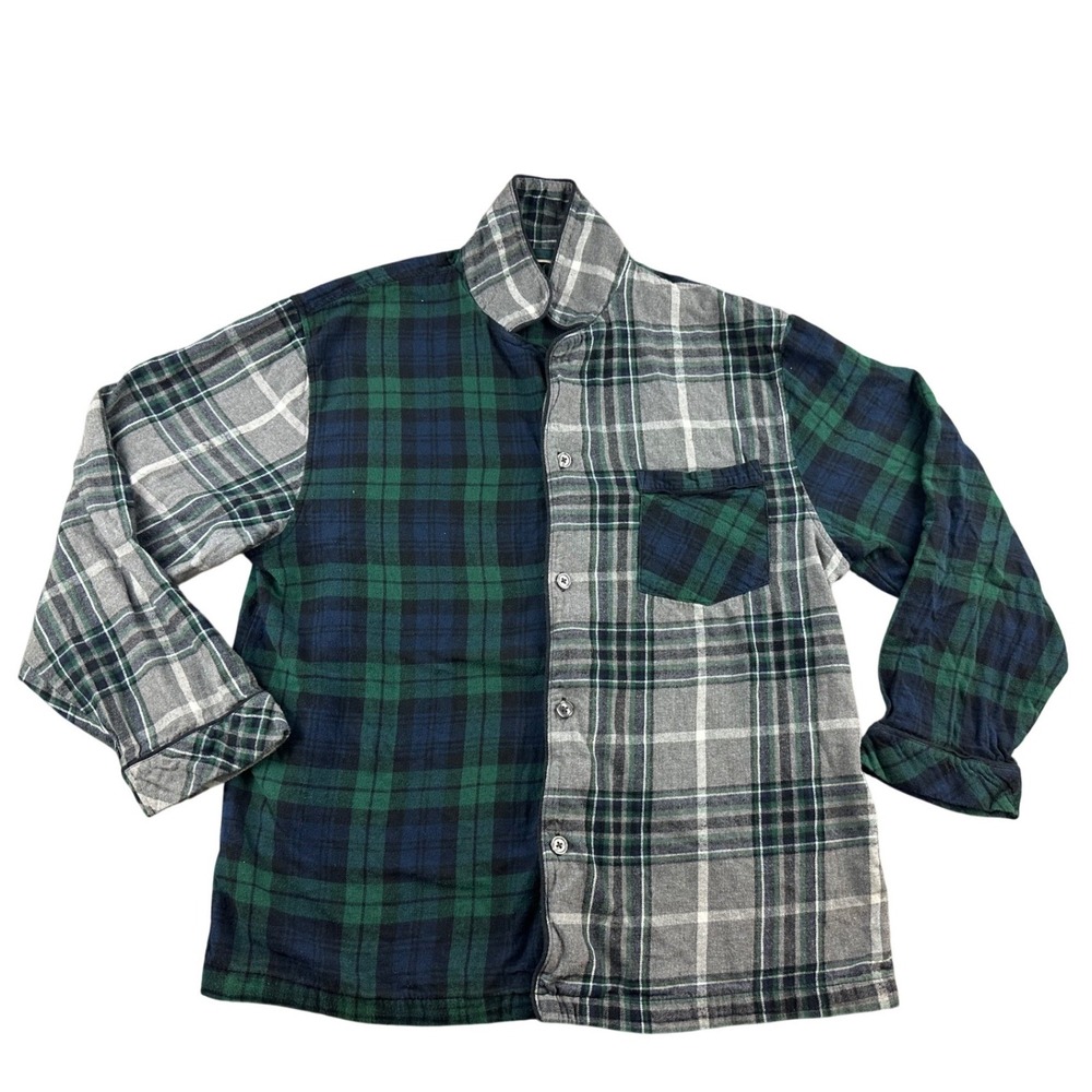 St. John's Bay Sleep Shirt Women L Blue Green Plaid Colorblock Flannel Patchwork